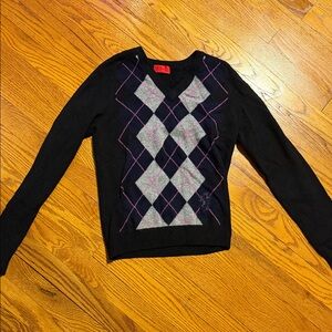 Pringle of Scotland Argyle V-Neck Sweater Black Gray Pink